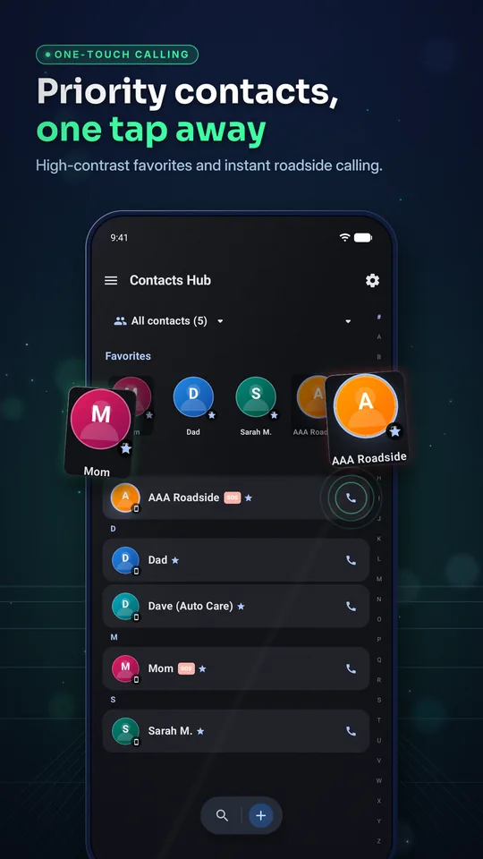 Quick Call Hub with VIP contacts and emergency dispatch